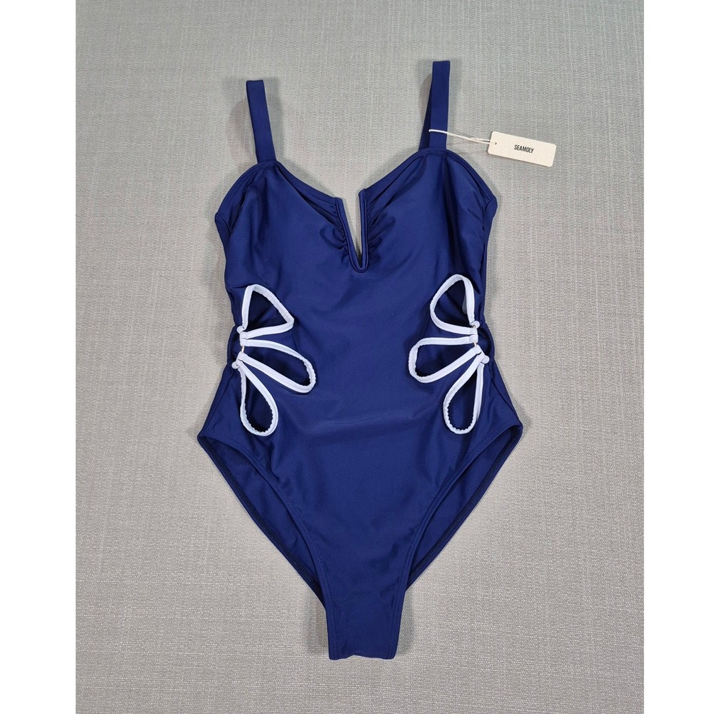 Seamoly Navy Blue Floral Cut Out One Piece Swimsuit Ruched Slimming Size M NEW